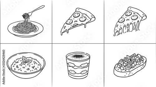 This image showcases various Italian dishes featuring pasta and pizza, celebrating the rich flavors and communal essence of Italian culinary traditions.