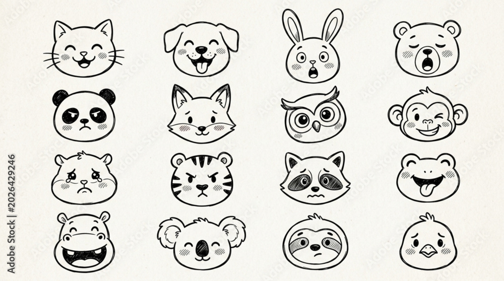 Fototapeta premium Collection of Hand Drawn Cute Animal Faces in Sketch Style.