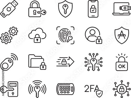 Cybersecurity 2FA Authentication Icons Set, Data Protection Line Art