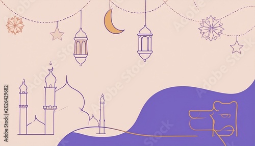 Elegant Ramadan Kareem Background with Mosque and Decorations.