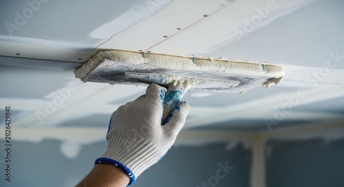 Hand applying drywall compound smoothing ceiling joint repair with glove