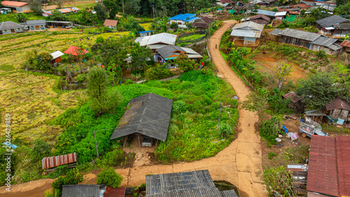 Photos Aerial view of The entrance to Pang Ung Dam has rice terraces along the way, which looks beautiful and blends in with nature