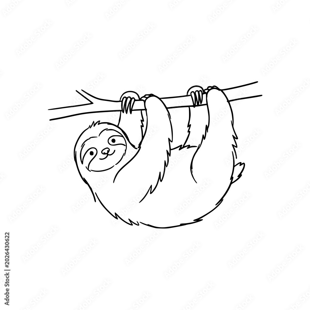 Naklejka premium This adorable sloth hangs contentedly from a branch, epitomizing relaxation and a carefree lifestyle, reminding us of the joy in taking life slowly.
