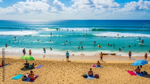 People enjoying a sunny day at a beautiful tropical beach with turquoise water and waves