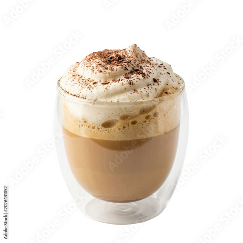 Glass of coffee topped with whipped cream and cinnamon
