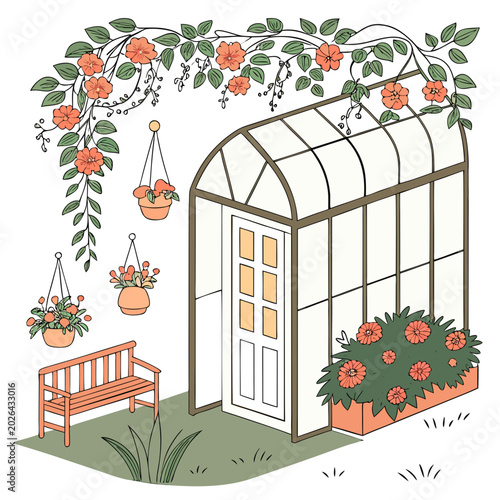 Greenhouse with hanging flower baskets and wooden bench line art illustration
