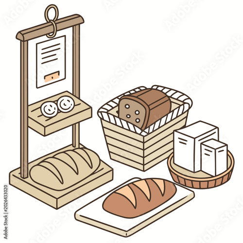 Bakery bread selection display with loaves and pastries shopping breakfast