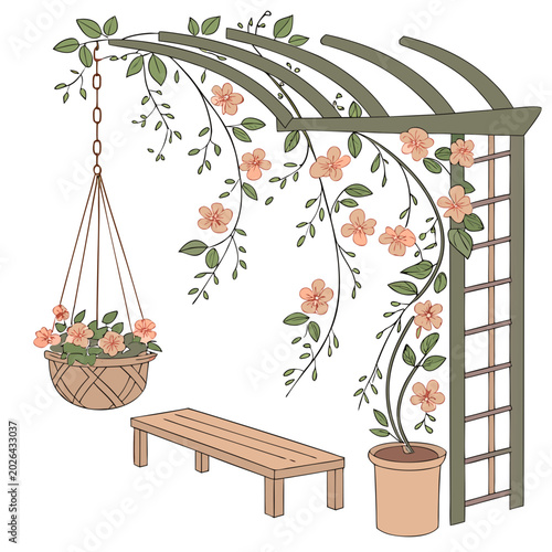 Garden arbor with climbing flowers and wooden bench line art illustration