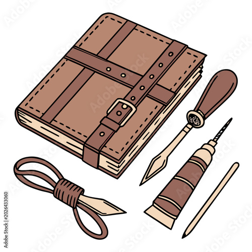 Leather journal set with bookbinding tools and leather cord, bookbinding