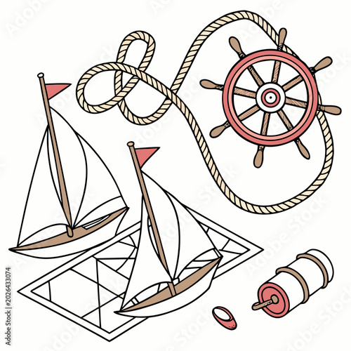 Sailboat adventure and nautical navigation equipment set with sailboat, nautical