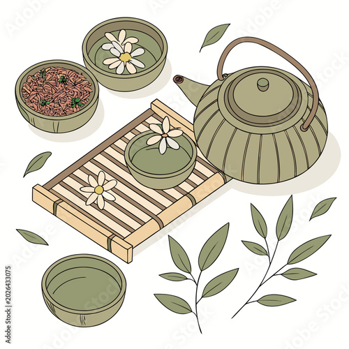 Tea ceremony set with ceramic teapot and cups with floral decor, ceremony