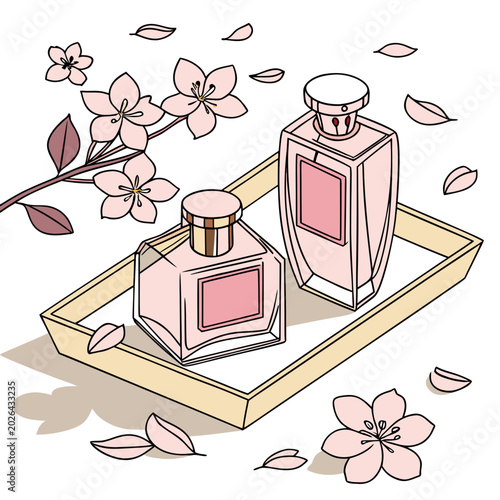 Two luxury perfume bottles on tray decorated with pink cherry blossom flowers
