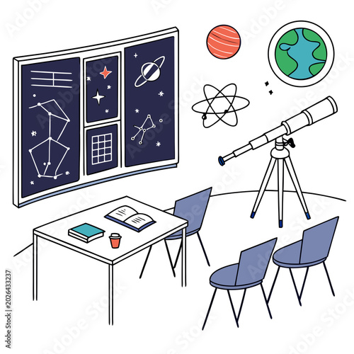 Astronomy class with telescope charts of constellations and planetary models