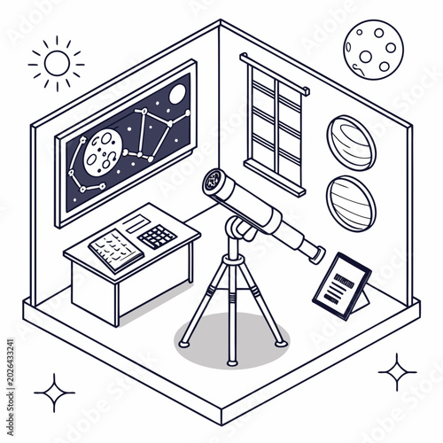 Isometric astronomy laboratory with telescope stars and planetary observation