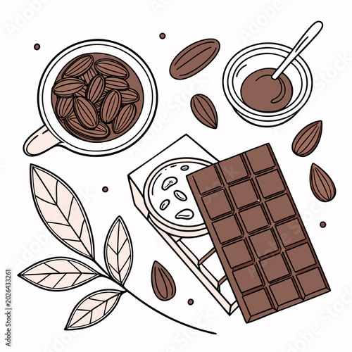 Delicious chocolate bar with almonds and bowl of melted chocolate dessert top