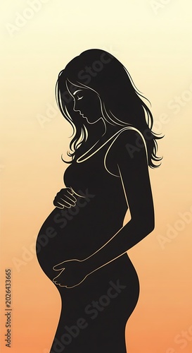 Pregnant silhouette in profile, hands cradling rounded belly, warm gradient background