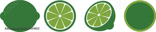 Photos Set of vector illustrations of fresh green lemon or lime whole, half, sliced ​​and in wedges