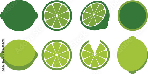 Cuadro en lienzo Set of vector illustrations of fresh green lemon or lime whole, half, sliced ​​and in wedges