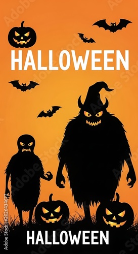 Spooky silhouettes of monsters, pumpkins, and bats on an orange background