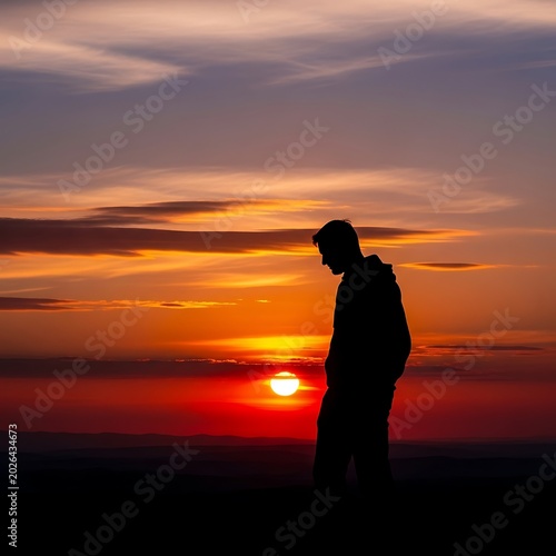 Solitary figure silhouetted against vibrant sunset, casting a pensive mood