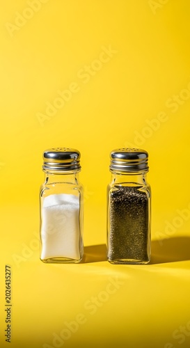Two glass shakers, one with white salt, the other with black pepper, against bright yellow