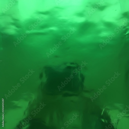 Underwater diver's perspective looking up at murky green surface