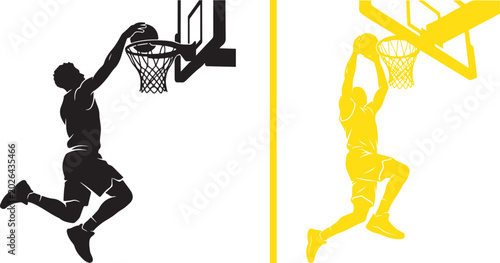 Fotografía Split vector illustration of a basketball player mid-dunk; the left shows a clean black silhouette with jersey number 24, while the right features a vibrant yellow sketch with speedy action lines