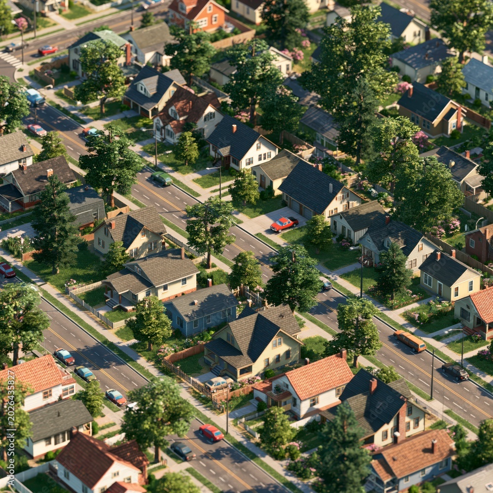 Fototapeta premium Neighborhood houses and streets during daylight in a suburban area with trees and cars around