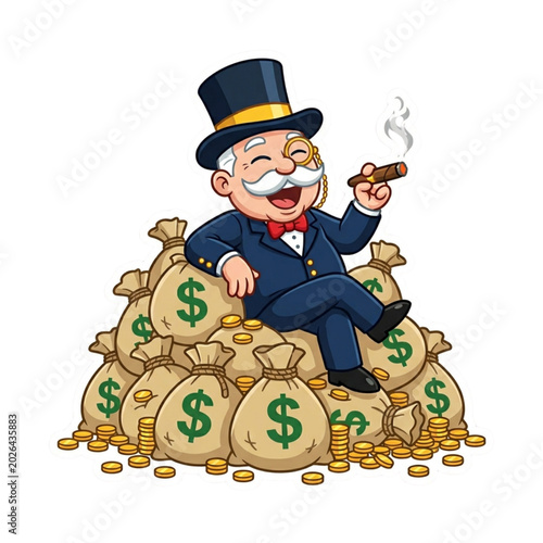 Cartoon Millionaire on Money Bags (Sticker Style)