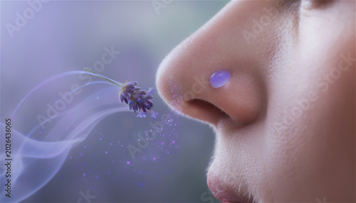 Der Duft von Lavendel dicht an der Nase einer weiblichen Person mit Freifläche