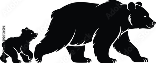 Foto Black silhouette of a mother bear walking with her cub on a white background bab