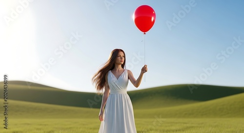 Woman in white dress holding a red balloon in a field