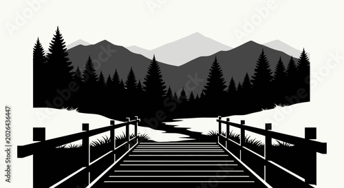 Wooden bridge leading to a serene mountain landscape with pine trees.
