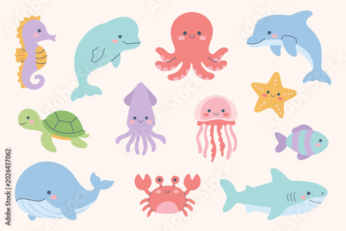 Photos Cute pastel sea animals set in naive doodle style