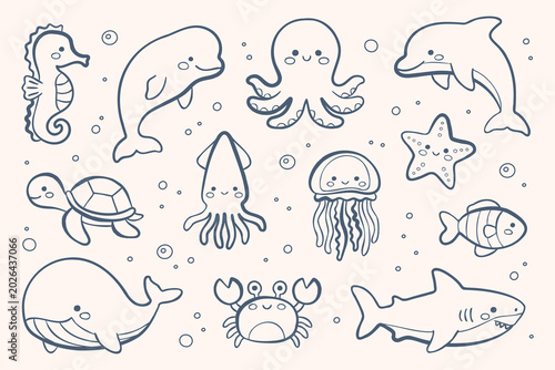 Schilderij op canvas Cute sea animals set in naive doodle style