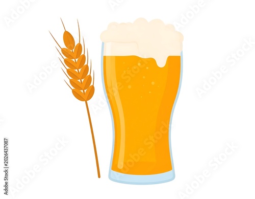 Tall glass of golden ale topped with frothy foam and wheat stalk
