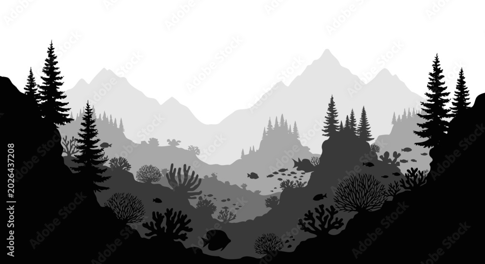 Fototapeta premium Majestic mountain range landscape with evergreen trees and rolling hills.