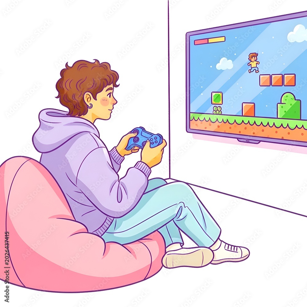 Fototapeta premium Young gamer in a hoodie playing a retro platformer video game at home.