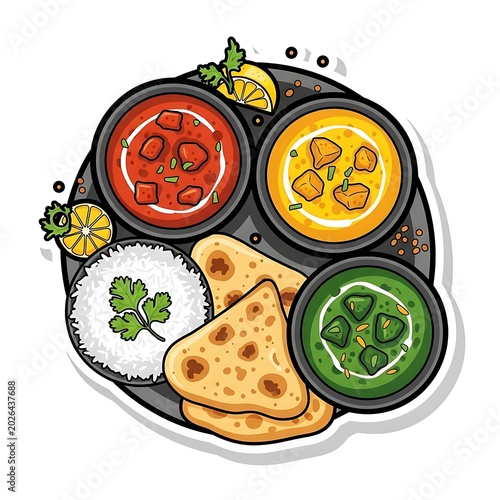 Vibrant illustration of a diverse Indian cuisine platter