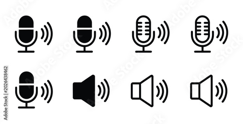 Tableau sur toile Microphone and speaker icons set representing sound, broadcasting, recording, and audio technology concepts