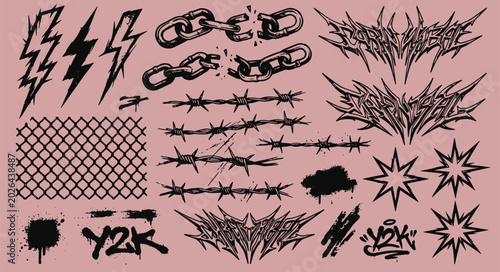 Tableau sur toile Y2K aesthetic graphic design vector element set featuring neo tribal spikes brok