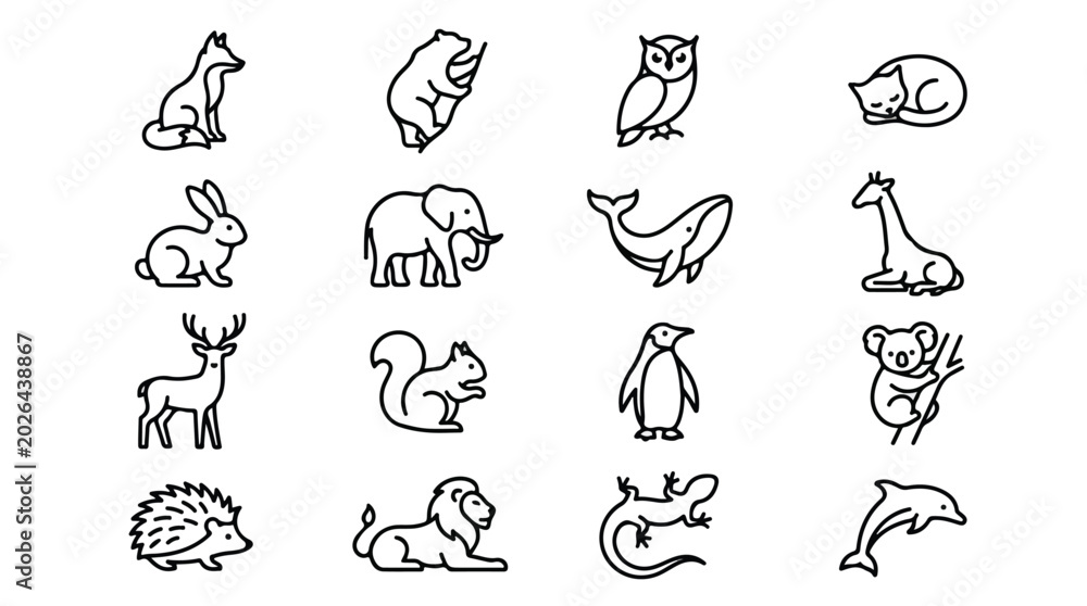 Fototapeta premium Minimalist animal line icons set, 16 black outline wildlife vector symbols, modern zoo and nature fauna illustrations for web and branding