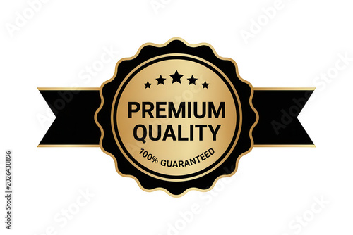 Premium quality badge with golden seal and black ribbon isolated on transparent background