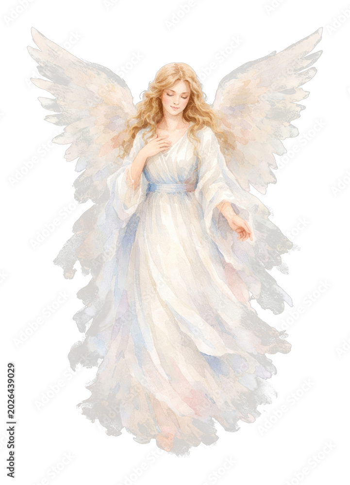 Fototapeta premium PNG Ethereal angelic figure watercolor illustration.