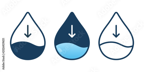 Low Water Indicator Icon with Droplet and Down Arrow Symbol. Vector Illustration