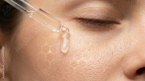 Serum drop on skin closeup shows science research on gene for healthy aging and longevity with visible molecular structure on face
