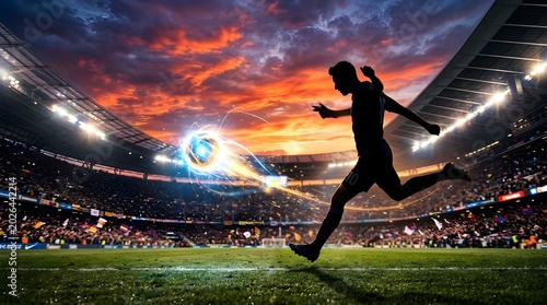 Silhouette of a soccer player kicking a ball with a glowing effect in a stadium during sunset with a crowd