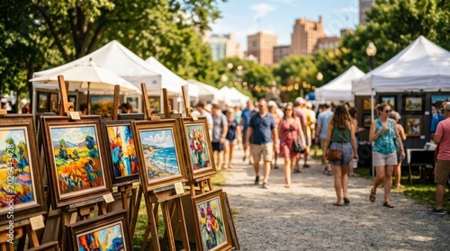 People enjoy artwork at an art festival in a downtown park.