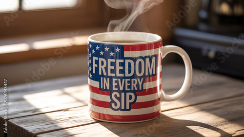 A patriotic coffee mug with a message of freedom on a wooden table