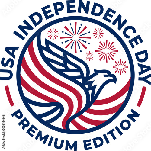 USA Independence Day Premium Edition logo with eagle and fireworks icon